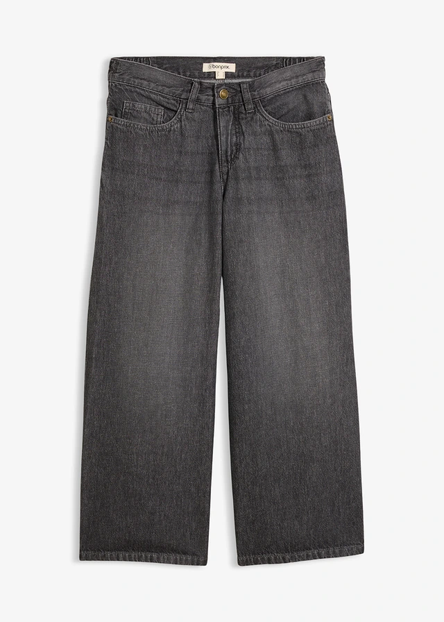 Wide leg jeans mid waist, comfort tailleband, Kleur: donkergrijs denim used