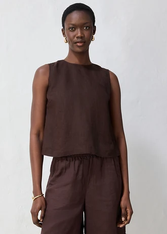 Top court 100% lin, Couleur: marron foncé