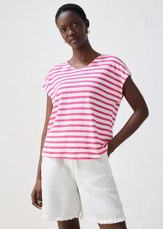 T-shirt 100% lin à manches chauve-souris • fuchsia-blanc rayé • Boutique bonprix