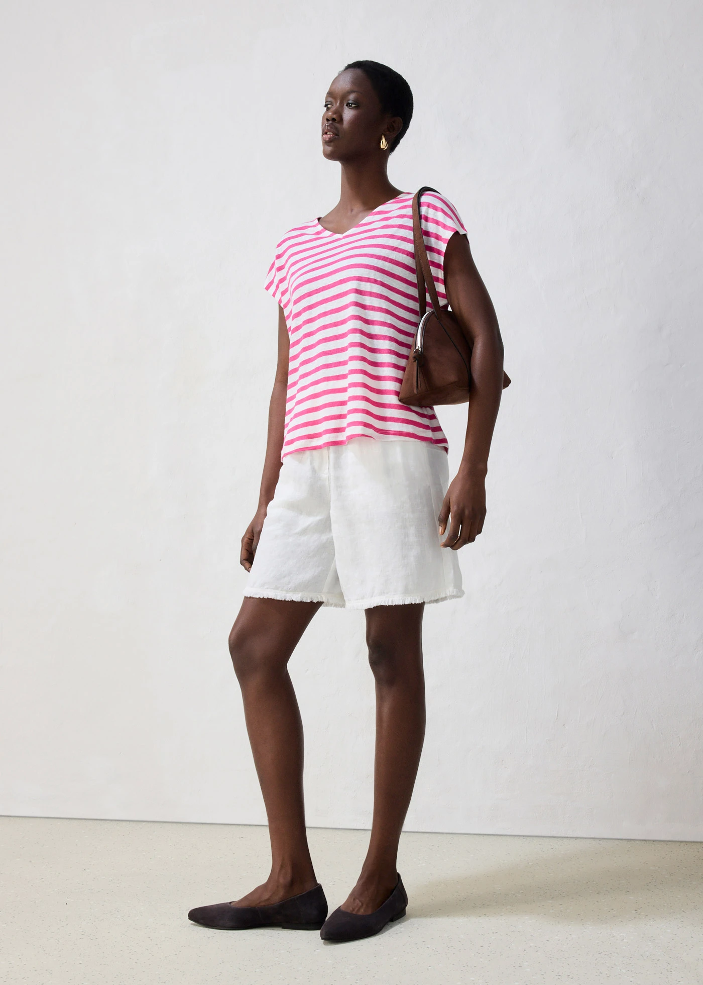 T-shirt 100% lin à manches chauve-souris • fuchsia-blanc rayé • Boutique bonprix