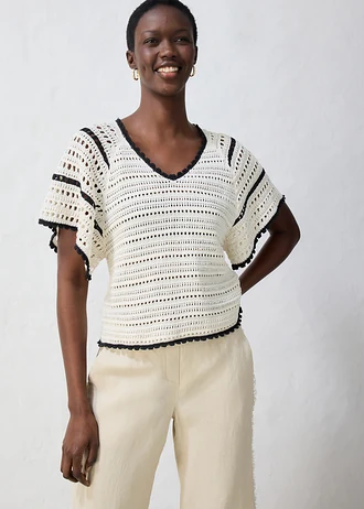 Ajour trui met linnen • parelwit-zwart • bonprix online shop