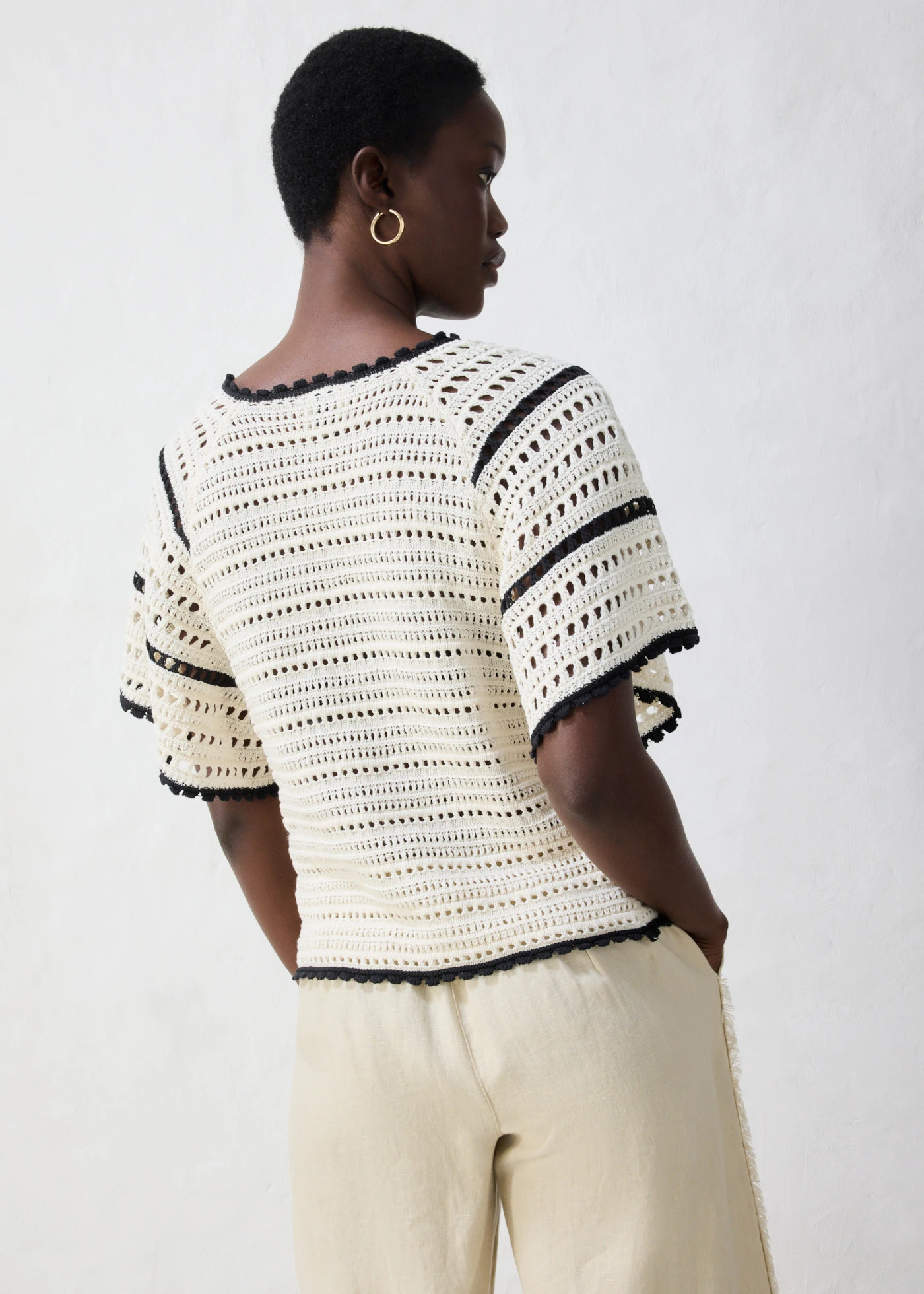 Ajour trui met linnen • parelwit-zwart • bonprix online shop