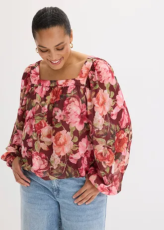 Blouse à base effet boule, Couleur: rouge rubis floral