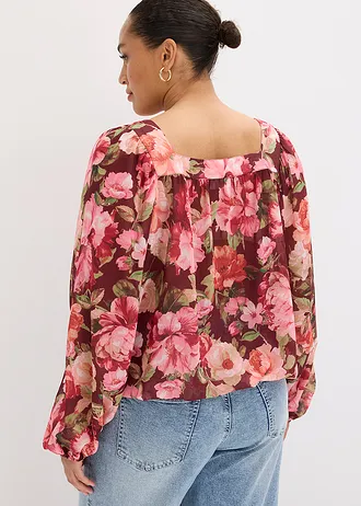 Blouse à base effet boule, Couleur: rouge rubis floral