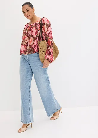 Blouse à base effet boule, Couleur: rouge rubis floral