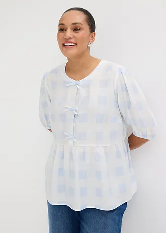 Halenka s mašličkami, barva: pudrově modro-přírodní bílá kostkovaná