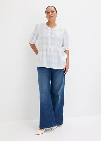 Blouse met strikjes, Kleur: poederblauw-wolwit geruit