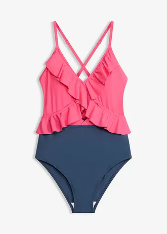 Maillot 1 pièce à découpe et volants • fuchsia/bleu foncé • Boutique bonprix