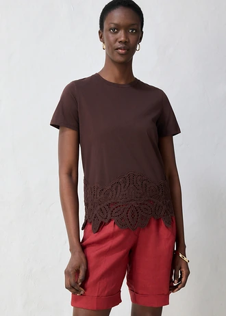 T-shirt avec soie et dentelle au crochet • marron foncé • Boutique bonprix