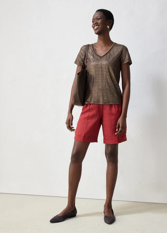 Shirt van linnen met lurex, Kleur: donkerbruin-goudkleur