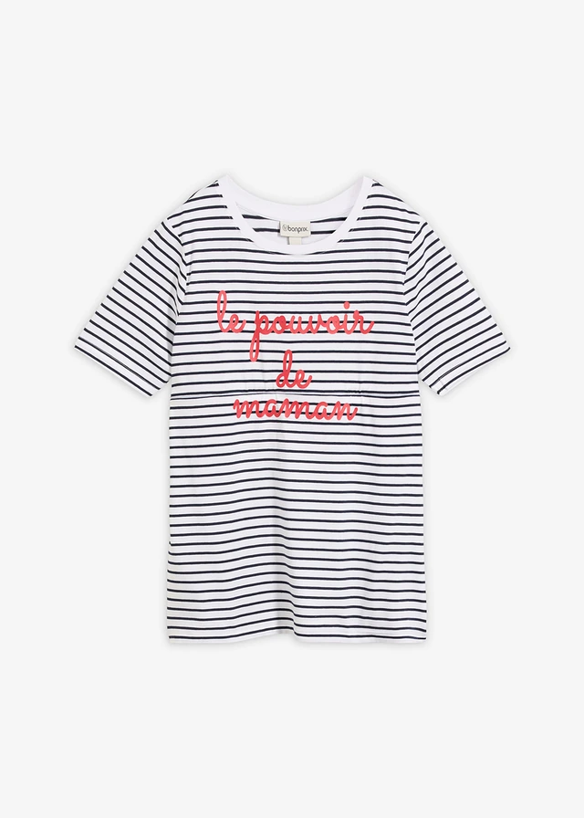 2-in-1 zwangerschaps- en borstvoedingsshirt van biologisch katoen • wit-donkerblauw gestreept • bonprix online shop