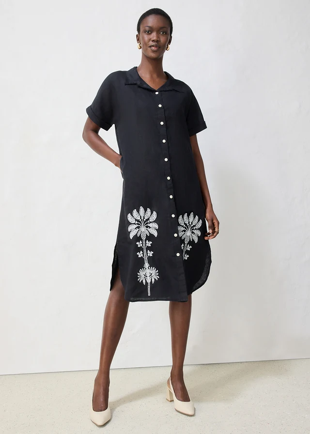Robe caftan 100% lin avec broderie, Couleur: noir-écru