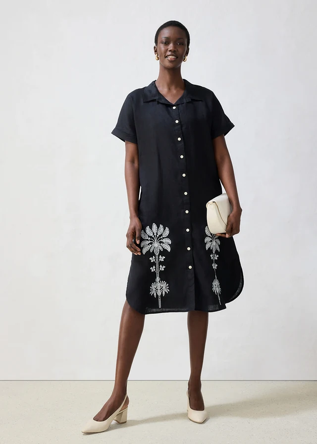 Robe caftan 100% lin avec broderie, Couleur: noir-écru