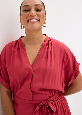 Sukienka szmizjerka z lejącej wiskozy, kolor: czerwony wiśniowy