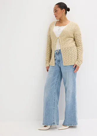 Jachetă tricotată ajour din bumbac 100%, culoare: bej nisipiu mat