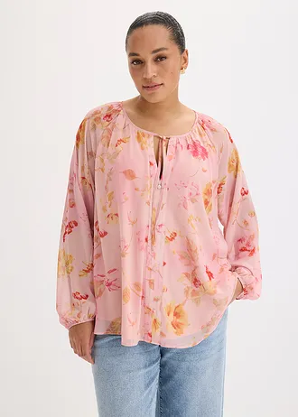 Blouse en mousseline avec liens à nouer, Couleur: rose-fuchsia floral