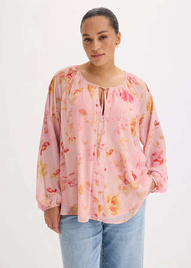 Blouse en mousseline avec liens à nouer, Couleur: rose-fuchsia floral