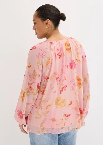 Chiffonblouse met strikbandjes, Kleur: roze-pink gebloemd
