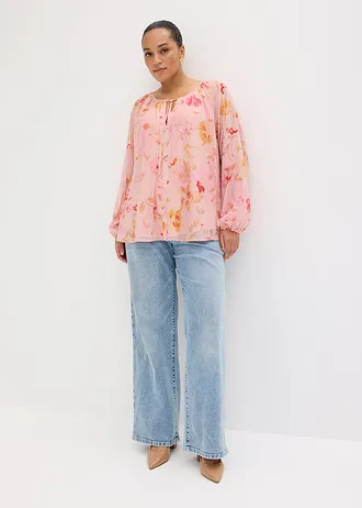 Blouse en mousseline avec liens à nouer, Couleur: rose-fuchsia floral