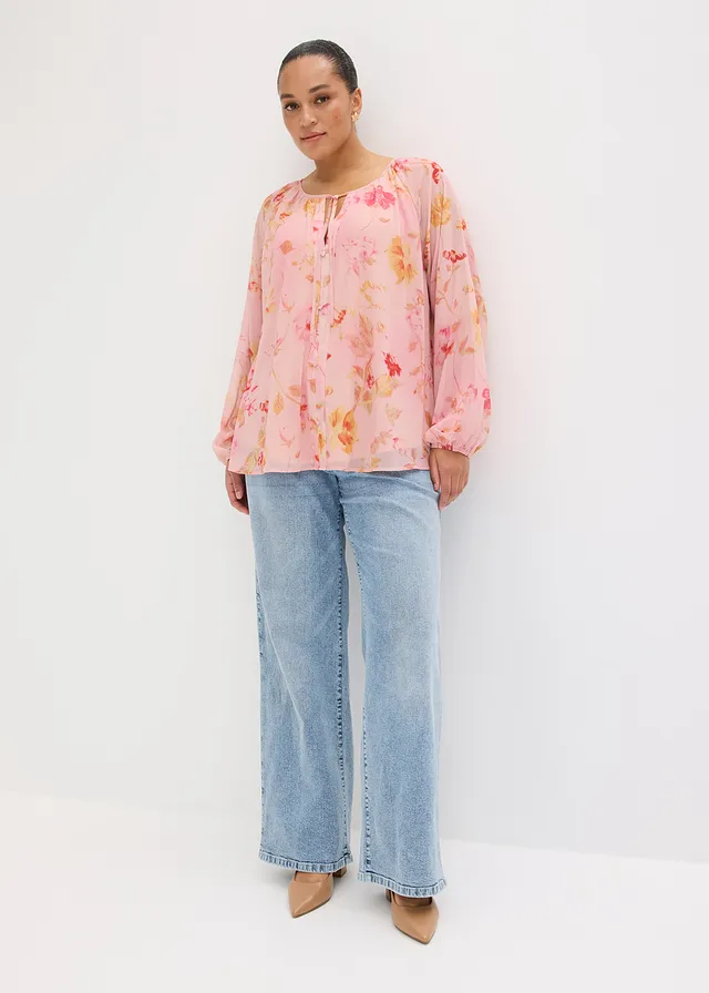 Chiffonblouse met strikbandjes, Kleur: roze-pink gebloemd