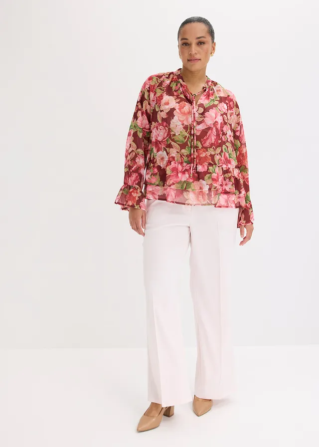 Chiffon blouse met volants, Kleur: robijnrood gebloemd