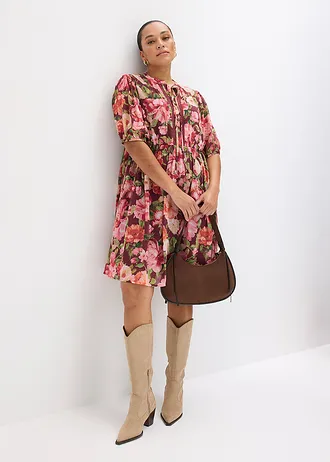 Tuniekjurk met kant, Kleur: robijnrood gebloemd