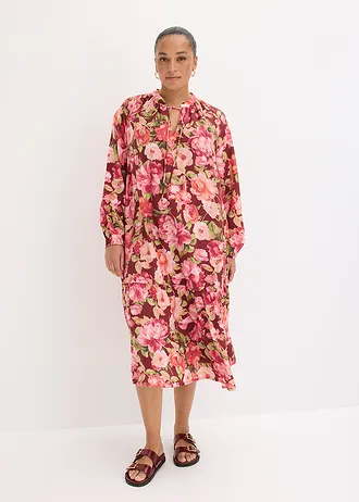 Midi jurk in een soepele viscosemix, Kleur: robijnrood gebloemd