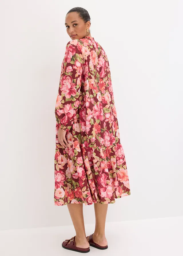 Robe midi fluide, Couleur: rouge rubis floral