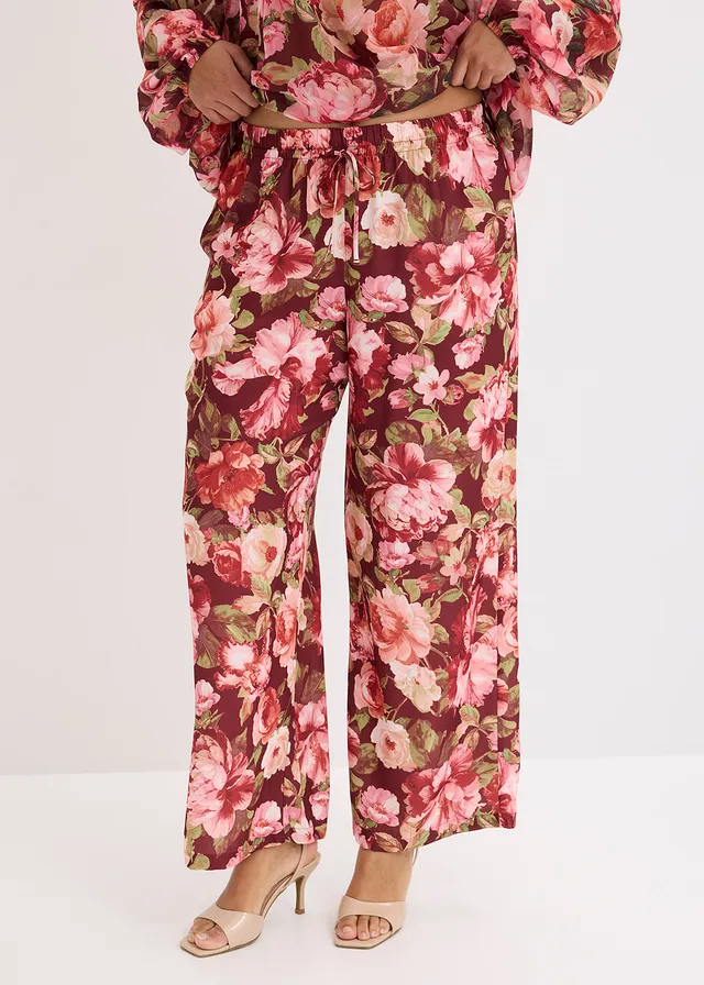 Pantalon large à pinces, Couleur: rouge rubis floral