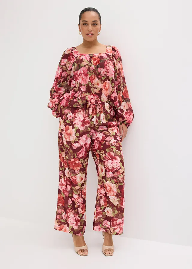 Pantalon large à pinces, Couleur: rouge rubis floral