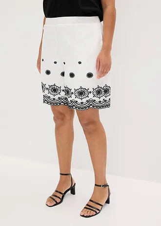 Short en twill avec dentelle ajourée, Couleur: écru + noir