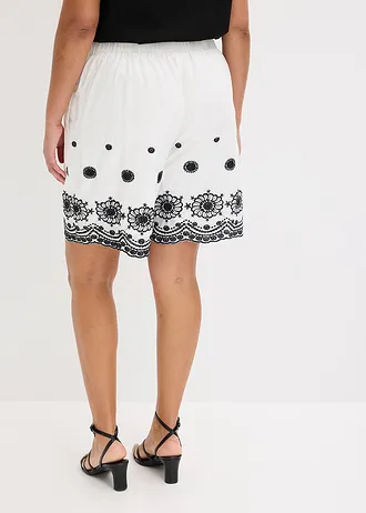 Pantaloni scurți din twill, cu dantelă perforată, culoare: ecru/negru