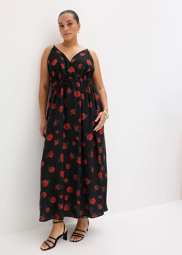 Robe longue en viscose fluide, Couleur: noir-rouge cerise floral