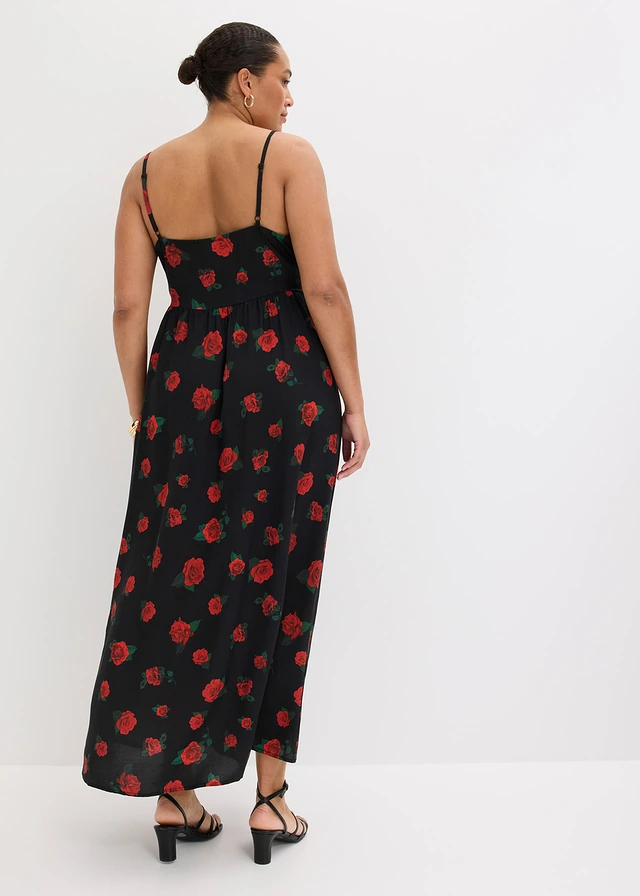 Robe longue en viscose fluide, Couleur: noir-rouge cerise floral