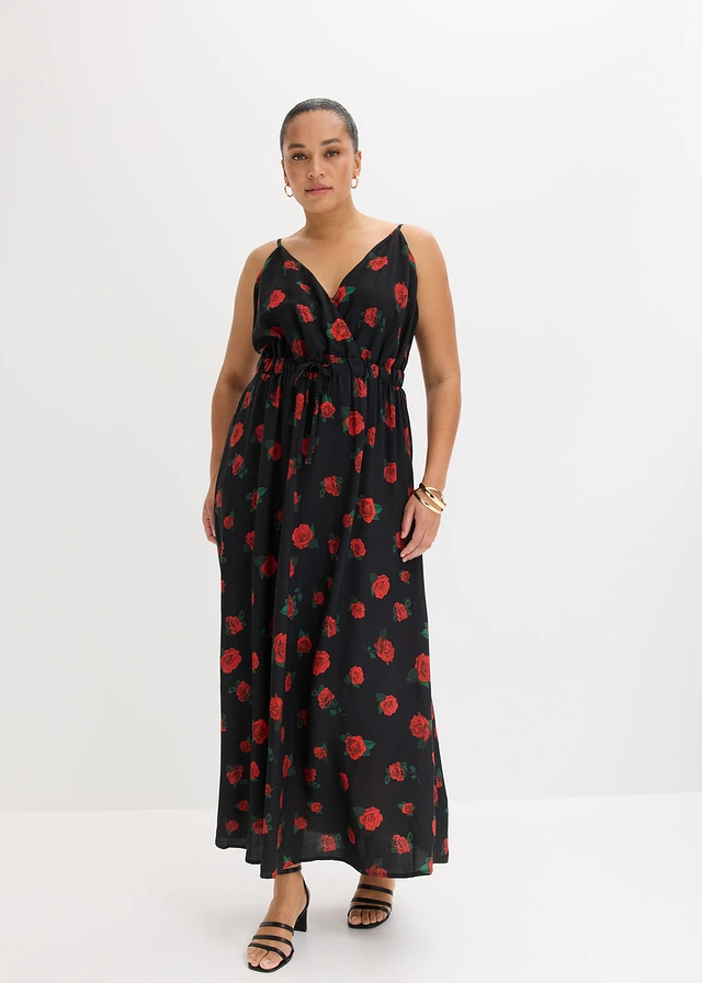 Robe longue en viscose fluide, Couleur: noir-rouge cerise floral