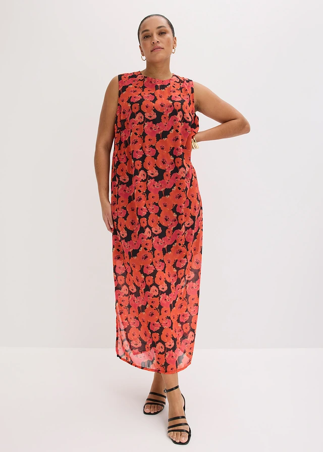 Lange chiffonjurk, Kleur: zwart-aardbeirood gebloemd