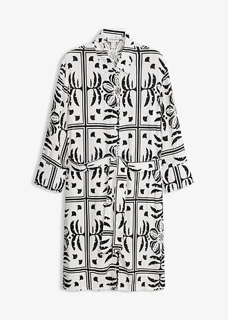 Rochie tip cămașă din viscoză fluidă, culoare: negru-ecru cu imprimeu