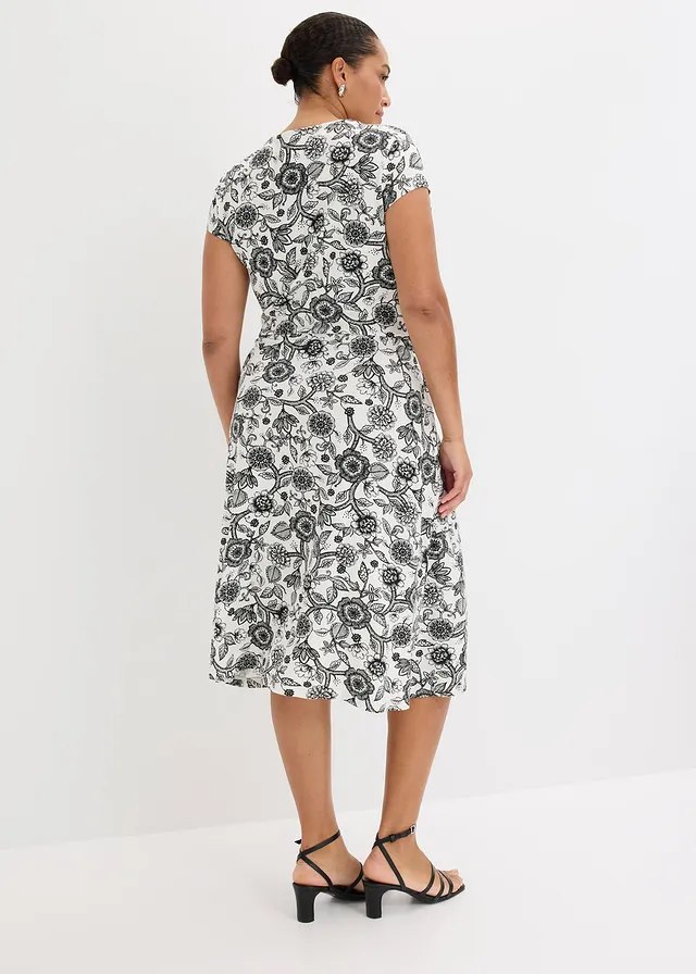Jersey jurk van viscosemix, Kleur: wolwit gebloemd