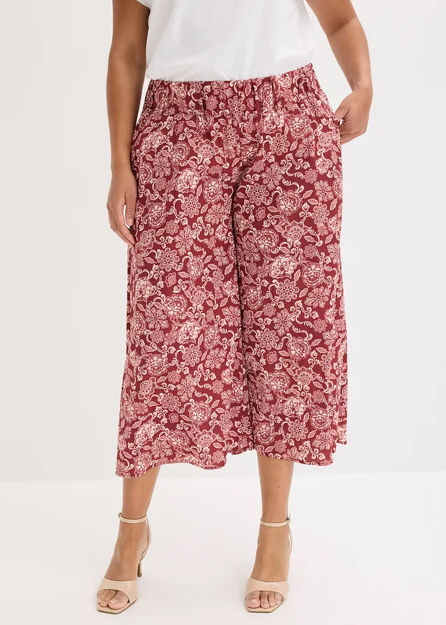 Culotte van stevig popeline, Kleur: robijnrood-lichtroze met print