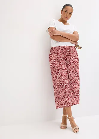 Pantaloni culotte din poplin robust, culoare: roșu-rubiniu-roz pal cu imprimeu