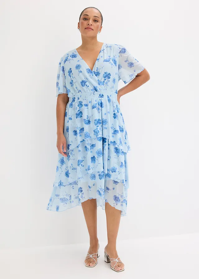 Midi jurk van zacht mesh, Kleur: poederblauw gebloemd