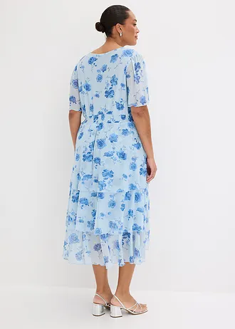 Midi jurk van zacht mesh, Kleur: poederblauw gebloemd