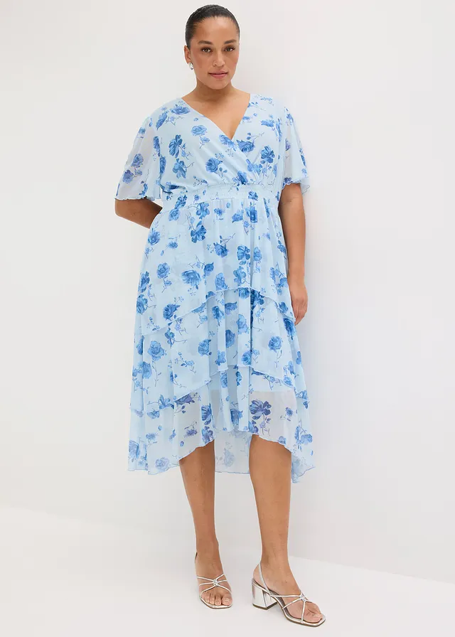 Midi jurk van zacht mesh, Kleur: poederblauw gebloemd
