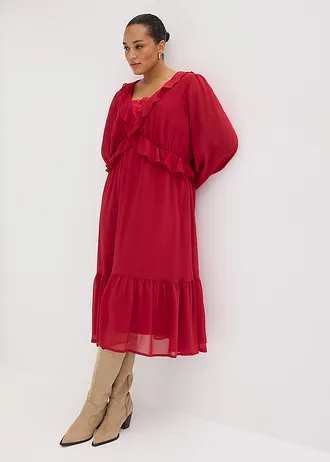 Robe en mousseline à dentelle et volants, Couleur: rouge cerise