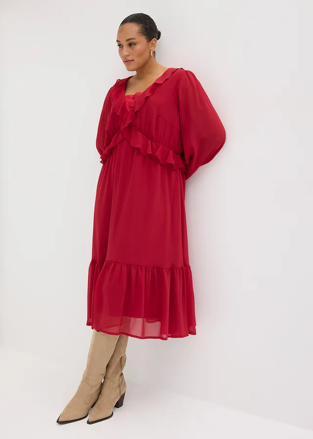 Chiffonjurk met kant en volants, Kleur: kersenrood