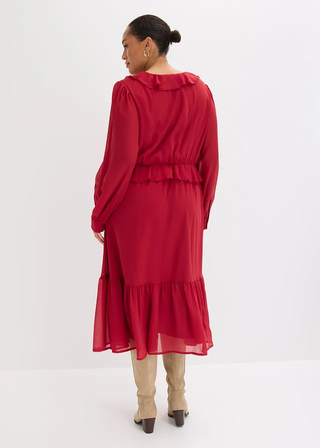 Chiffonjurk met kant en volants, Kleur: kersenrood