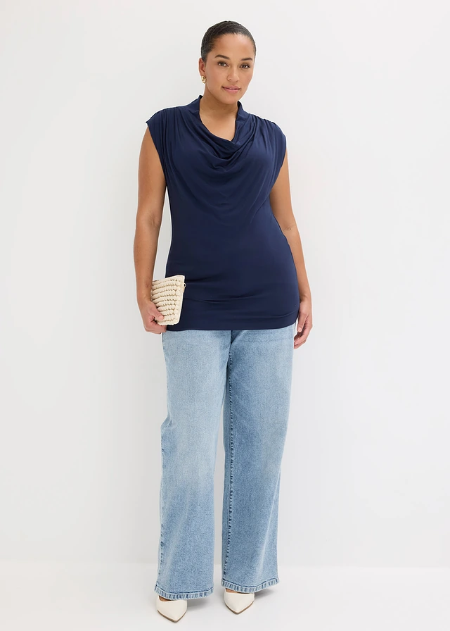 Bluză din mix cu viscoză, culoare: bleumarin