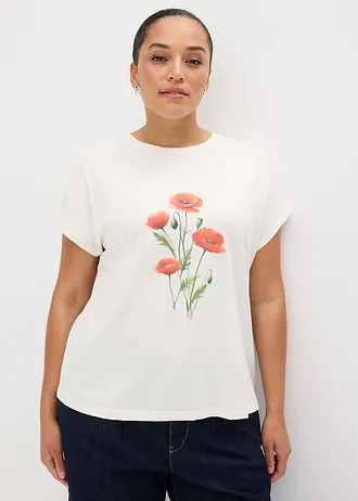 Shirt van elastisch katoen, Kleur: wolwit gebloemd