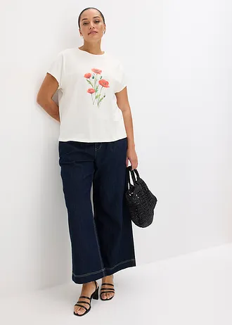 Shirt van elastisch katoen, Kleur: wolwit gebloemd