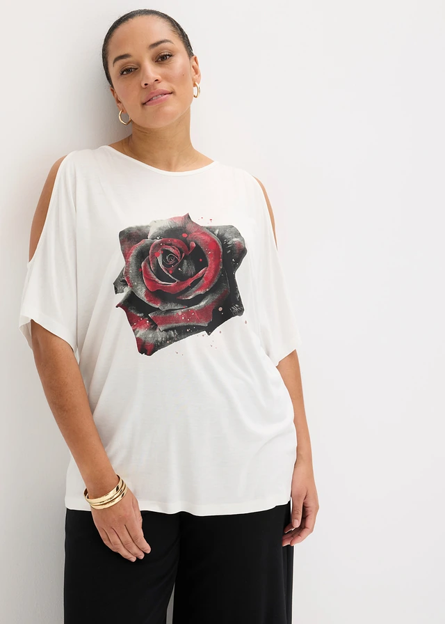 Cold shoulder shirt van viscose, Kleur: wolwit gebloemd